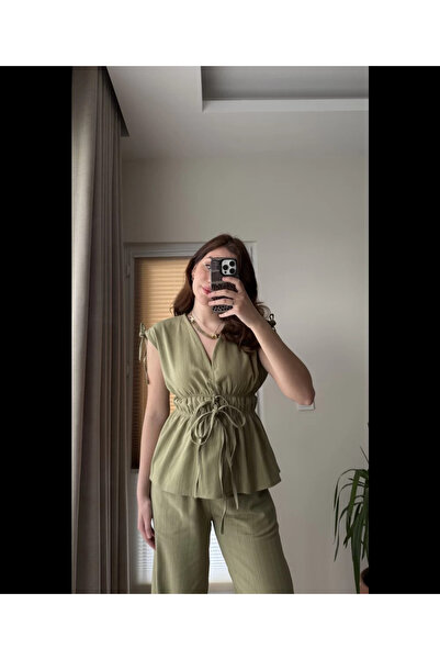 My Blog Khaki 100% Cotton Shoulder Waist Shirred Blouse Trousers Set - 8612