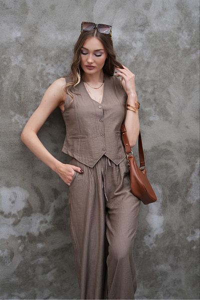 MODAMOR Gray Women's Linen Look Double Suit (Vest & Pants)