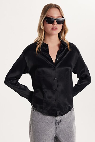 Tudors Women's Slim Fit Slim Fit Long Sleeve Classic Collar Satin Black Shirt