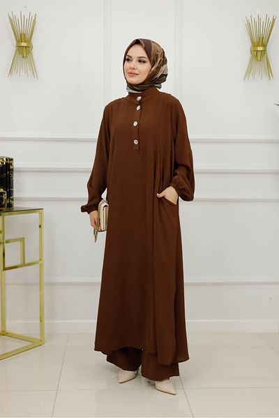 Enans Design Women's Hijab 2 Piece Set Summer Aerobin Fabric Tunic & Trousers