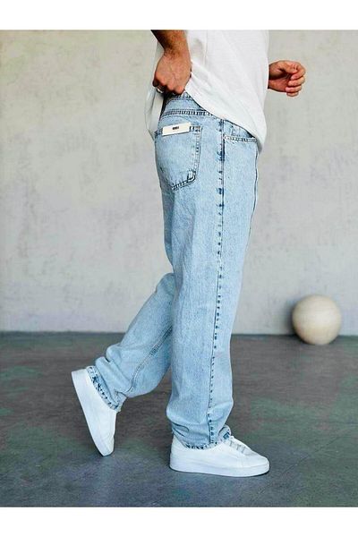 MODA Striped Baggy Jeans Pants Light Blue