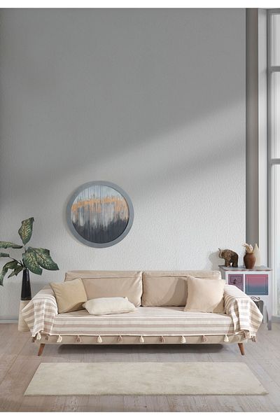 Lux Touch Pera Beige Tasseled Arm Covering Sofa Cover 300X110 cm 3m King Size Pompom Sofa Daybed Sofa Bed