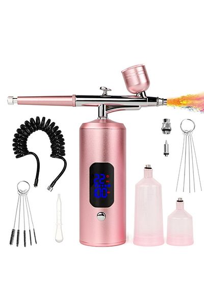 OEM Portable Airbrush Set with Compressor and Detachable Hose, LCD Display, 0.3 mm Nozzle, Pink