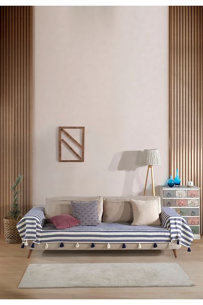Lux Touch Pera Navy Blue με φούντα Κάλυμμα καναπέ 300x110 cm 3m King Size Pompom Καναπές Divan