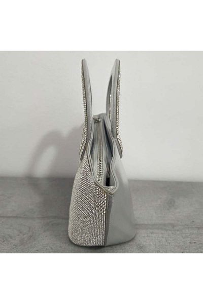 FashionForYou Trapezium evening bag, with detachable chain and sparkling crystals, Silver
