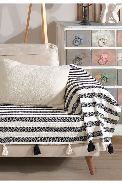 Lux Touch Pera Negru cu ciucuri Husa pentru brate 300x110 cm 3m King Size Canapea Divan cu pompon