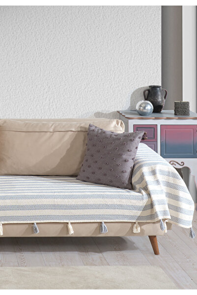 Lux Touch Pera Gri Püsküllü Kolları Örten Koltuk Örtüsü 300x110 Cm 3m Battal Boy Ponponlu Kanepe Divan Çekyat