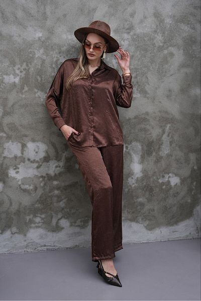 MODAMOR Brown Satin Fabric Shirt Pants Suit