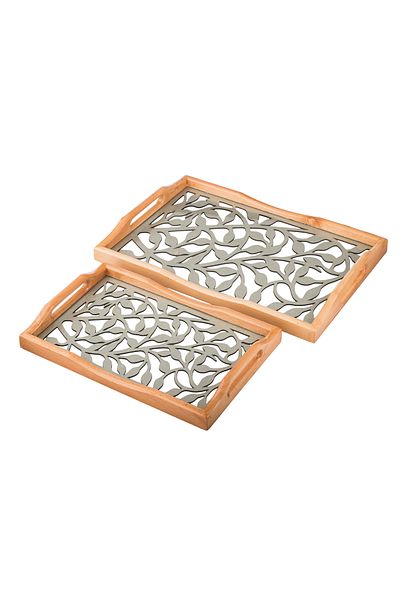 Dania A set of wooden trays and bowls with metal handles and a beautifully engraved glass-covered base.