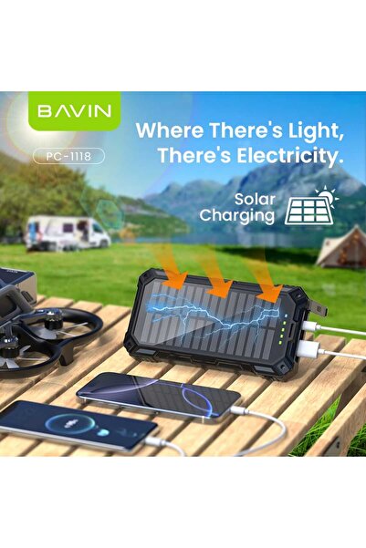 Bavin 20000mAh Solar Power Bank with Wireless Charging, Built-in Flashlight, and 4 Cables