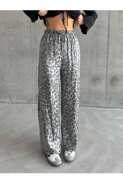 ModaLavida Lavida Glossy Satin Look Wide Leg High Waist Leopard Print Women's...