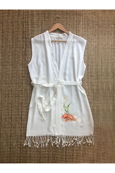 Kidilia Red Fish Design Bamboo Sleeveless Peshtemal Beach Kimono