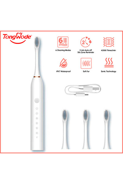 Choice فرشاة أسنان كهربائية سونيك بمقبض واحد و4 رؤوس قابلة لإعادة الشحن عبر USB من Tongwode للبالغين و6 أوضاع تنظيف