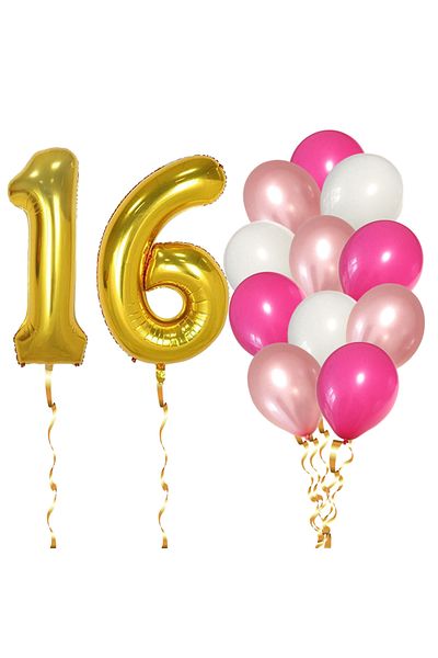 Ropet Set of 14 16th Birthday Balloons, girl, pink/rose gold color, Ropet