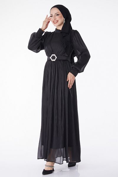 TOFİSA Pleated Evening Dress Black - 25284