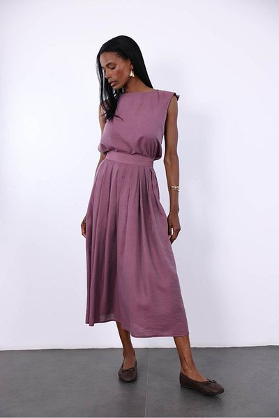 5in1Canpolat Dusty Rose Sleeveless Blouse Flounce Skirt Set 9730