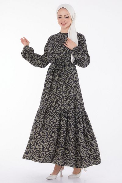 TOFİSA Leaf Patterned Dress Black - 25751