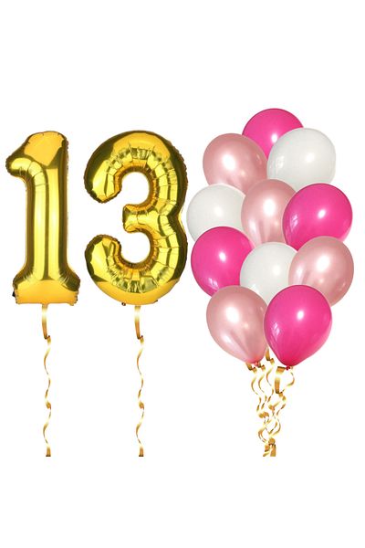 Ropet Set of 14 13th Birthday Balloons, girl, pink/rose gold color, Ropet
