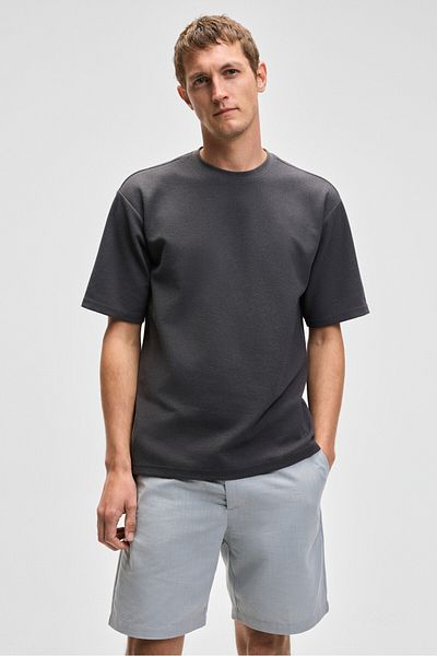GRIMELANGE Chic Men's Relaxed Fit Textured Cotton Fabric Anthracite T-Shirt