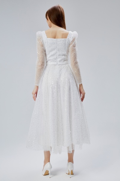 Asees Kadın Kare Kare Yaka Tül Kumaş Üzerine Inci Boncuklu Tül Şık Ve Zarif Abiye Elbise