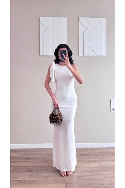 LOCH BUTİK Women's White Shoulder Wrap Tie Midi Dress