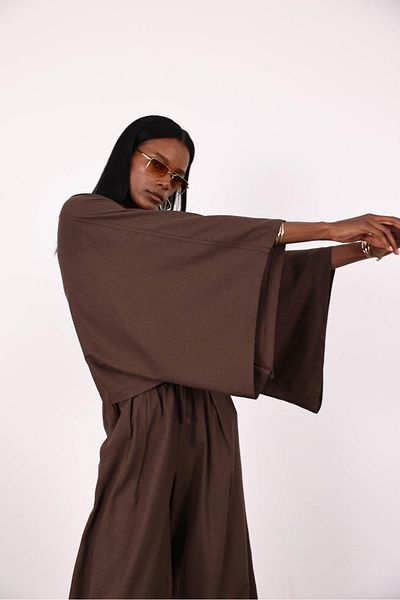 5in1Canpolat Bitter Brown Bat Sleeve Blouse Trousers Set