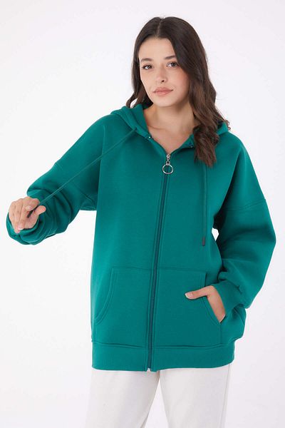 TOFİSA Green Women's Sweatshirt - Hooded, Pocket and Zipper - 26049