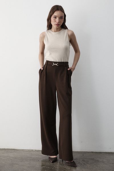JASTE Women's Brown Lycra Buckle Belt Detailed Elastic Palazzo Trousers