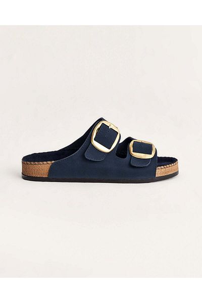 Chirpy Women's Navy Blue Suede Buckle Summer Slippers