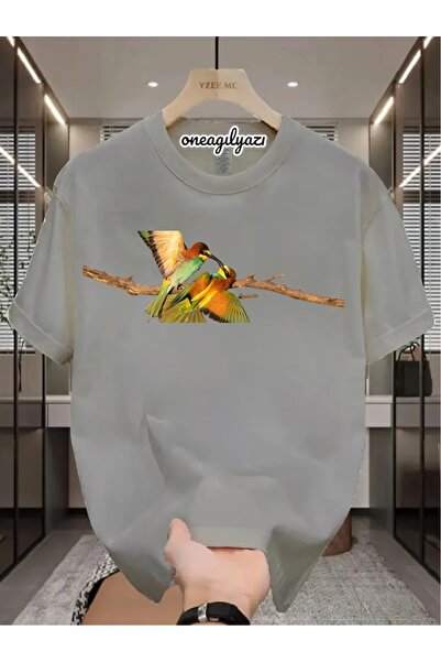 oneagılyazı Tricou supradimensionat cu imprimeu de păsări