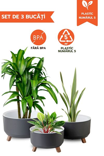 Ginza Maison Set de 3 ghivece rotunde cu picioare pliabile, suport pentru drenaj intern, culoare gri, 15, 18, 22 cm