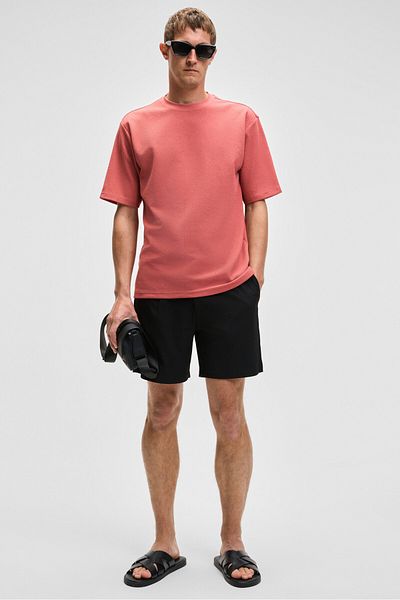 GRIMELANGE Chic Men's Relaxed Fit Textured Cotton Fabric Brick Color T-Shirt