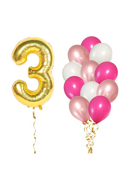 Ropet Set of 13 3rd Birthday Balloons, girl, pink/rose gold color, Ropet