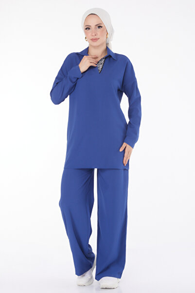 TOFİSA Obyčejný košilový límec Modrá tunika a kalhoty pro ženy - 13201