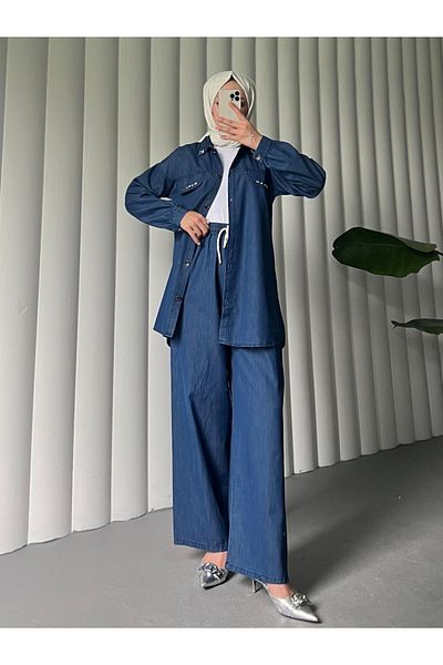 Modamorfo Buttoned Pocket Detailed Wide Leg Trousers Jeans Set - Indigo