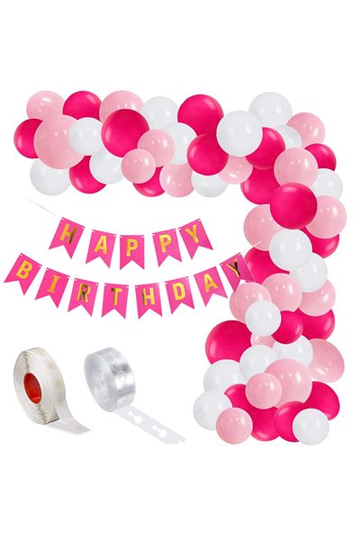 Ropet Balloon arrangement set for arch, Happy Birthday garland, 115 pcs, pink and white