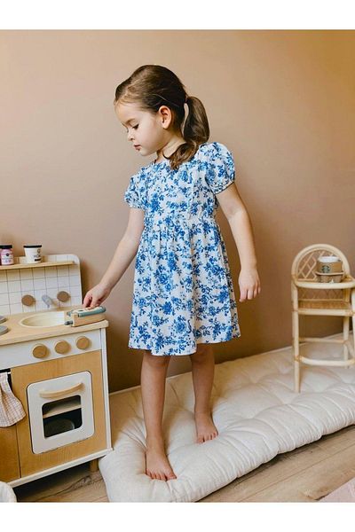 2kids2mom Rochie din in, 100% bumbac, cu model de flori albastre, cu maneca scurta