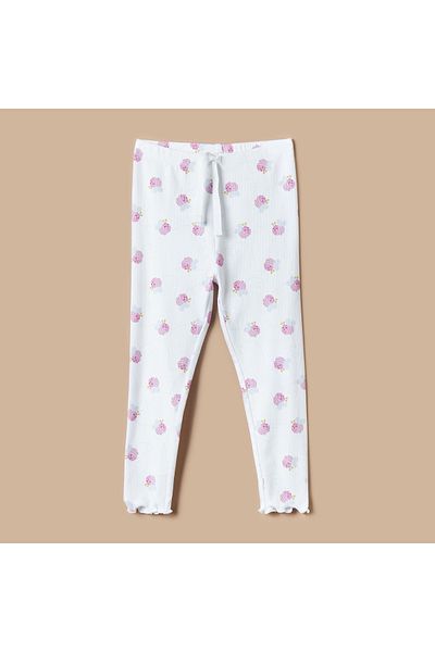 Juniors All-Over Bee Print Leggings With Lettuce Hem And Drawstring Closure