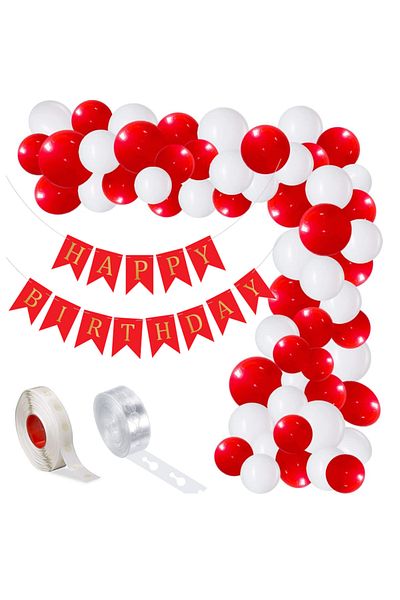 Ropet Balloon arrangement set for arch, Happy Birthday garland, 115 pcs, red and white