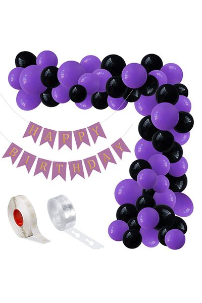 Ropet Balloon arrangement set for arch, Happy Birthday garland, 115 pcs, purple and black