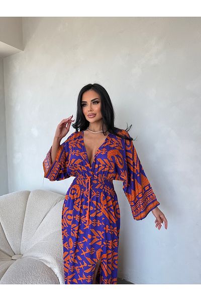 LİLA İSTANBUL V-Neck Gimped Ethnic Patterned Bat Sleeve Summer Dress