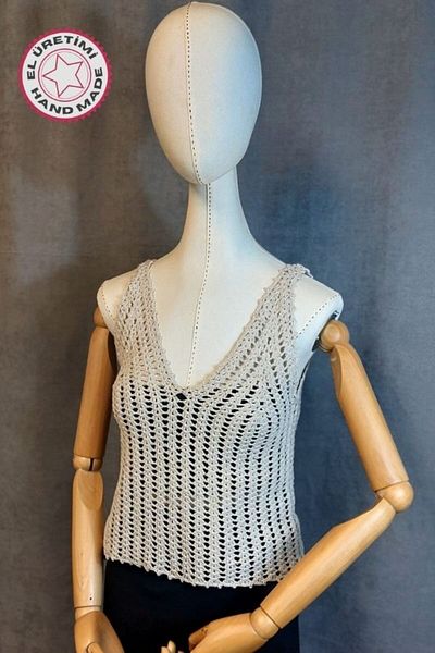 Uretti - Talia 8659 5876 Πλεκτή στο χέρι με παγιέτες μπλούζα κρέμας από βαμβακερό σχοινί - μέγεθος M