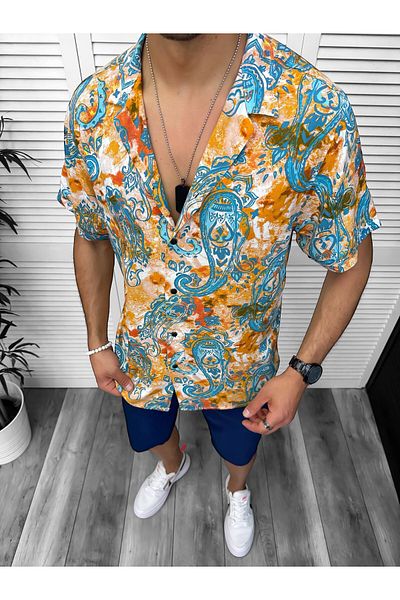 dehaine Men's summer shirt, floral pattern, orange, 13097
