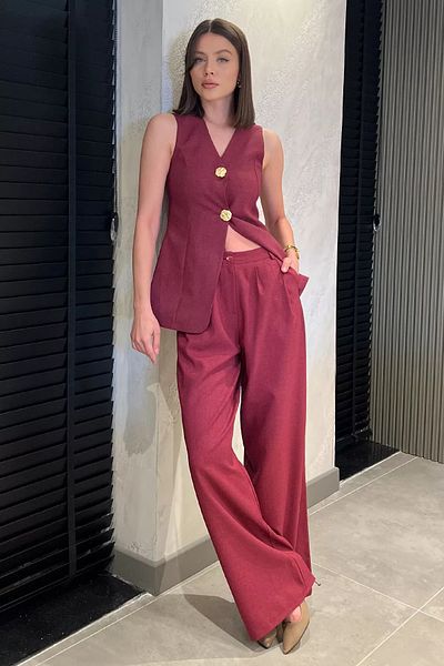 GÜLSELİ Claret Red Double Button Vest Trousers Double Set