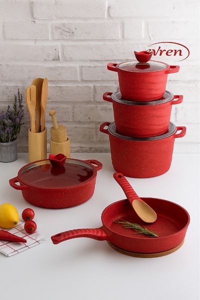 Evren Wavy Cast Red Pot Set – 9 Pieces, Cast with Wavy Design, Elegance and Resistance