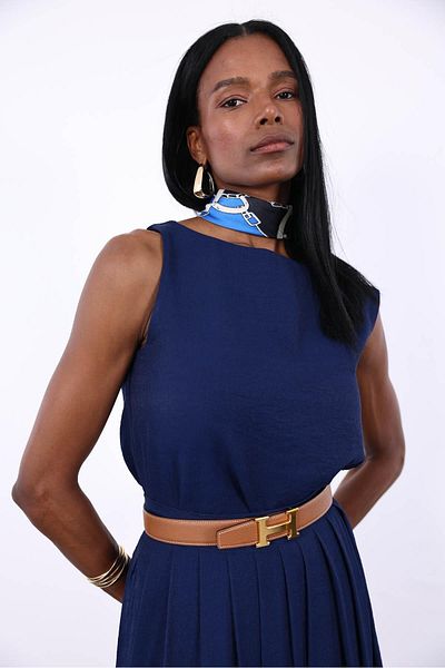 5in1Canpolat Navy Blue Sleeveless Blouse Flounce Skirt Set 9730