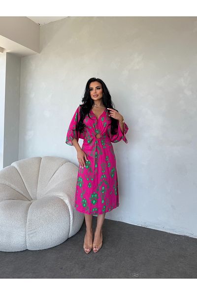 LİLA İSTANBUL V-Neck Viscose Fabric Bat Sleeve Ethnic Patterned Summer Dress with Ring Detail