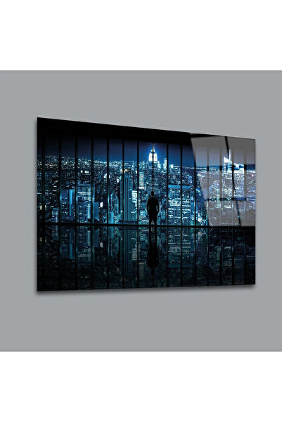 Glassual Art Işıklı Binaları İzleyen Adam Manzara Cam Tablo #PCT0088