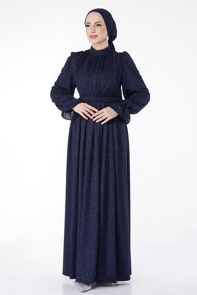 TOFİSA Βραδινό φόρεμα με ασημί ζώνη Navy Blue - 25058