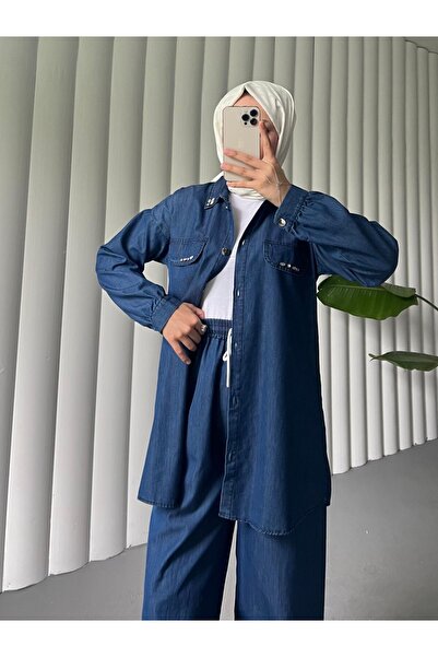 Modamorfo Buttoned Pocket Detailed Wide Leg Trousers Jeans Set - Indigo